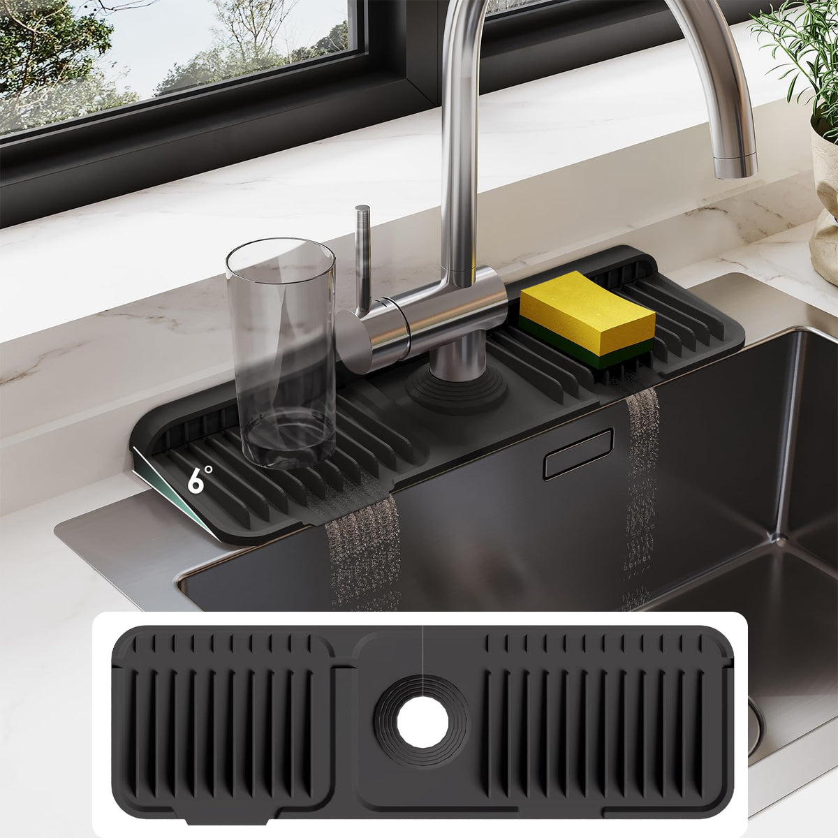 24" Silicone Faucet Mat & Sink Splash Guard, Black