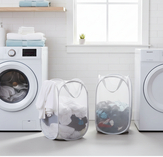 White Mesh Pop-Up Laundry Hampers in Laundry Room